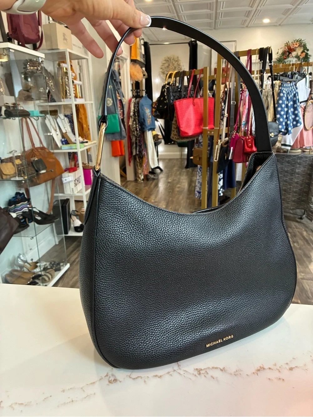 Michael Kors Black Pebbled Leather Shoulder Bag with Gold Hardware